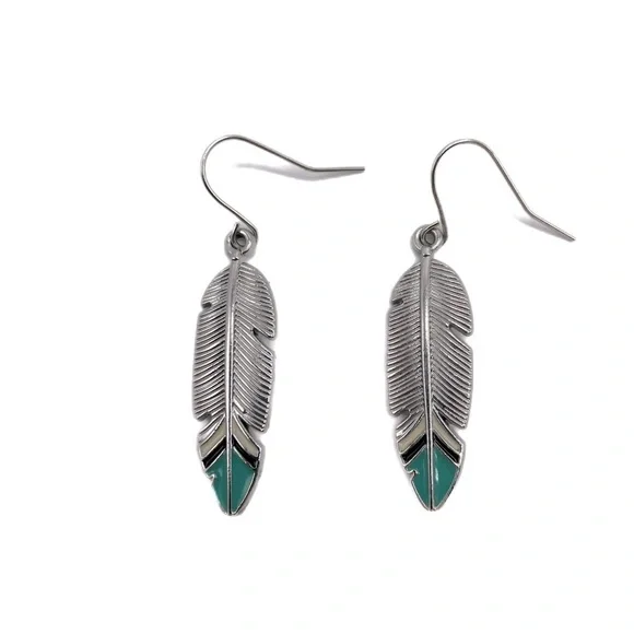 Boho Festival silver tone feather earrings with turquoise blue tips - Picture 2 of 6
